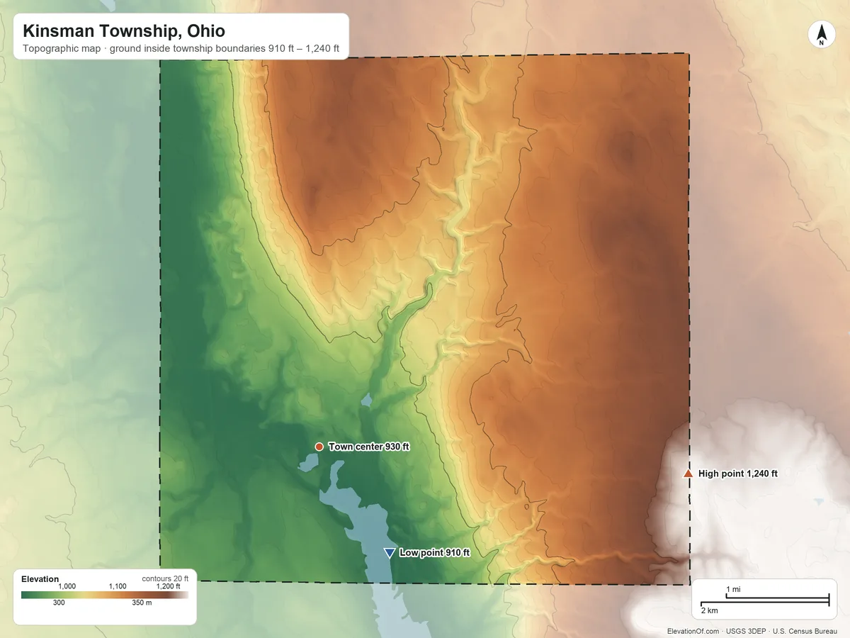Topographic elevation map of Kinsman Township, Ohio, shaded from 910 ft on the southeast side to 1,240 ft on the east side
