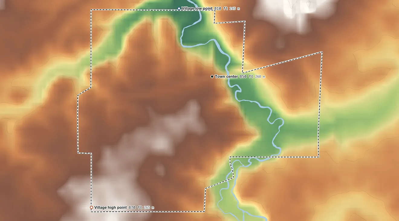 Topographic elevation map of Kipton, Ohio, shaded from 810 ft on the northwest side to 870 ft on the southwest side