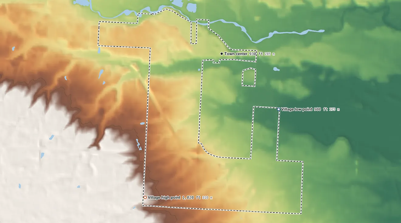 Topographic elevation map of Kirkersville, Ohio, shaded from 900 ft on the southeast side to 1,020 ft on the southwest side