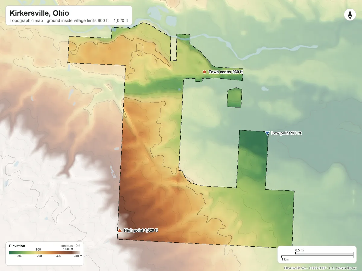 Topographic elevation map of Kirkersville, Ohio, shaded from 900 ft on the southeast side to 1,020 ft on the southwest side