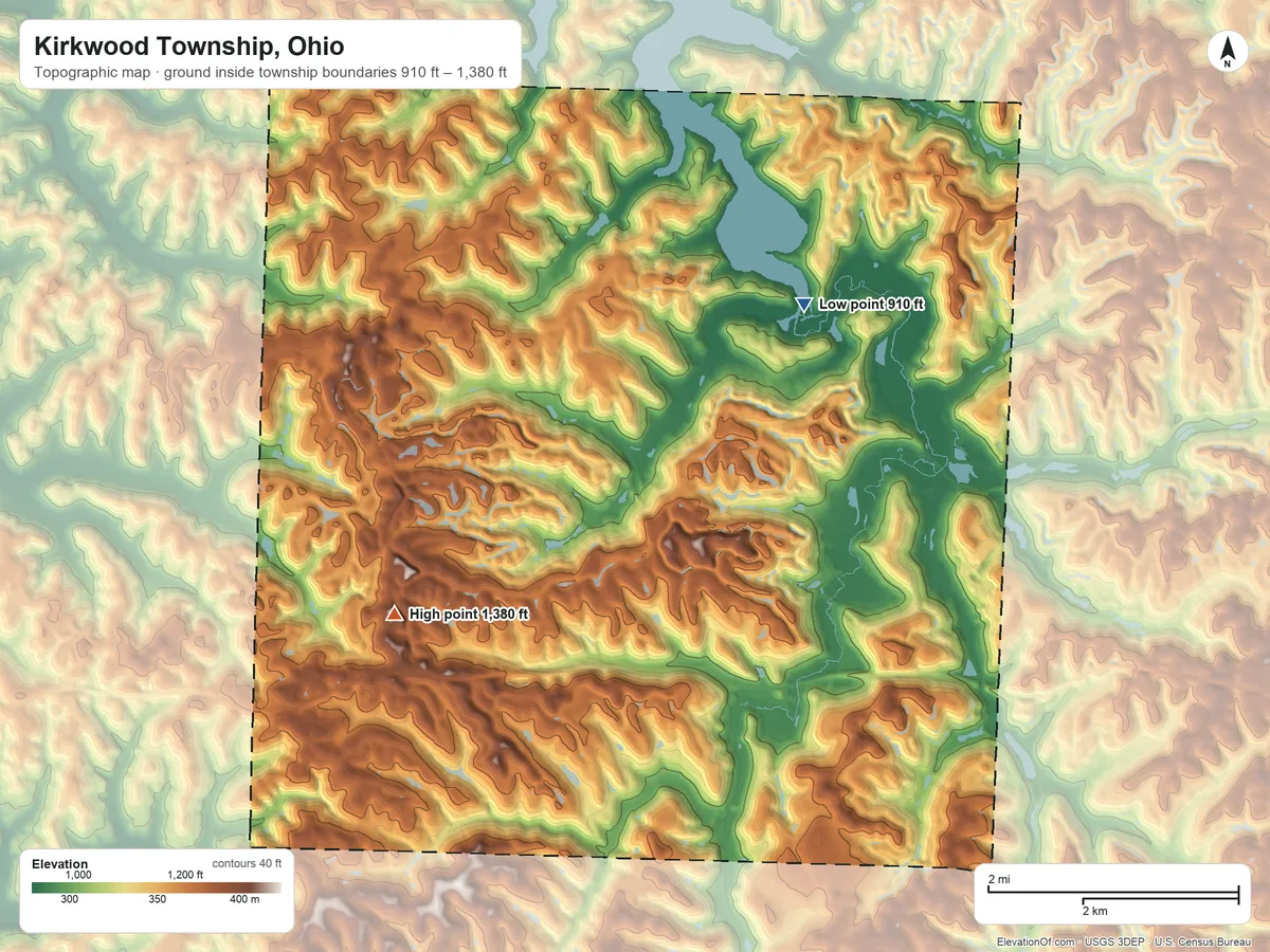 Topographic elevation map of Kirkwood Township, Ohio, shaded from 910 ft on the northeast side to 1,380 ft on the west side
