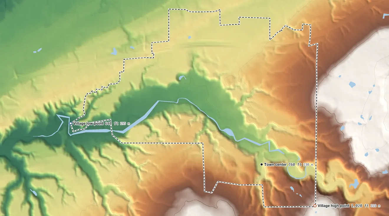 Topographic elevation map of Kirtland Hills, Ohio, shaded from 640 ft on the west side to 1,020 ft on the southeast side