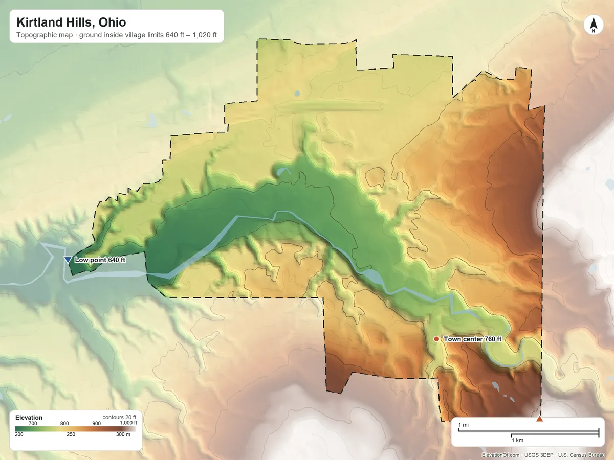 Topographic elevation map of Kirtland Hills, Ohio, shaded from 640 ft on the west side to 1,020 ft on the southeast side