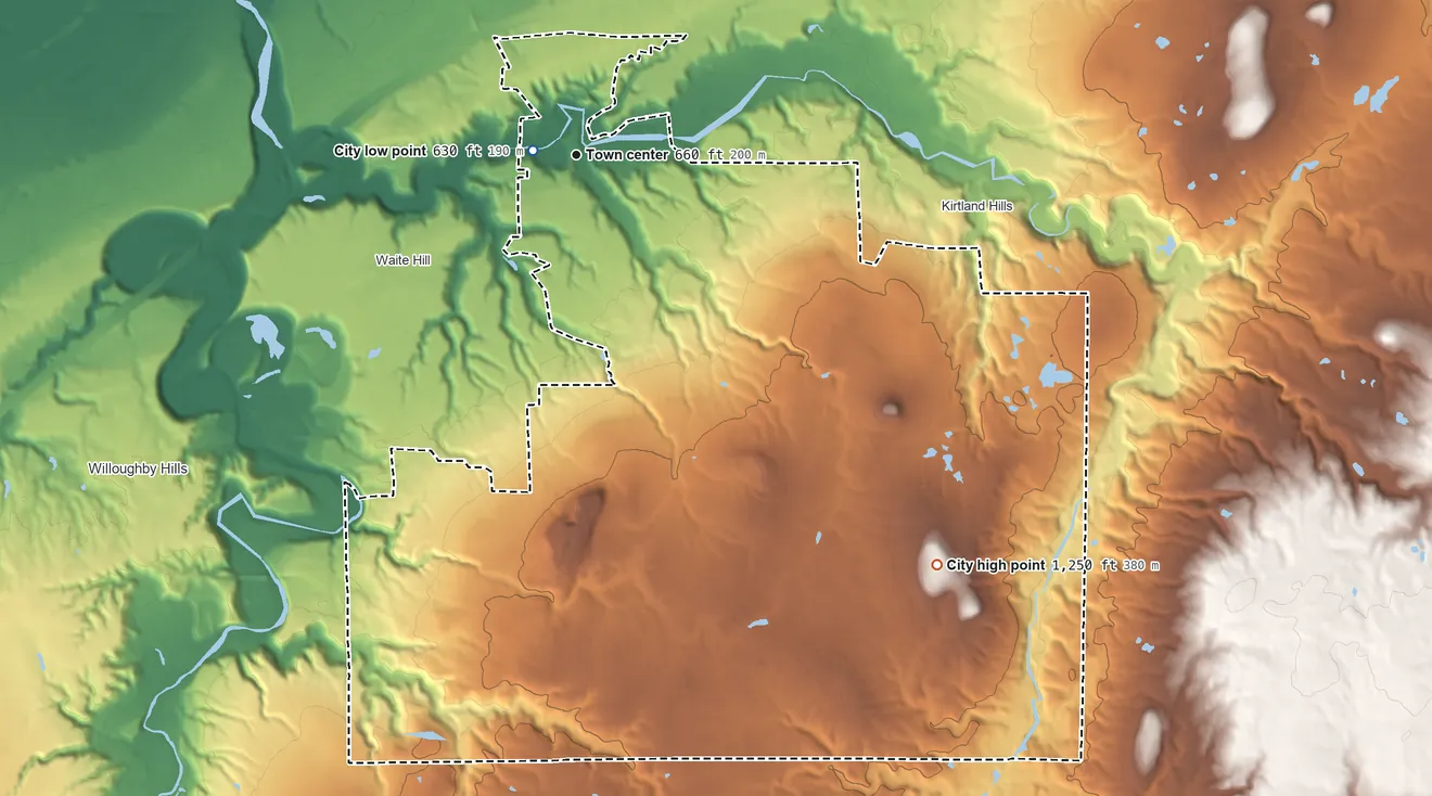 Topographic elevation map of Kirtland, Ohio, shaded from 630 ft near the middle to 1,250 ft on the southeast side