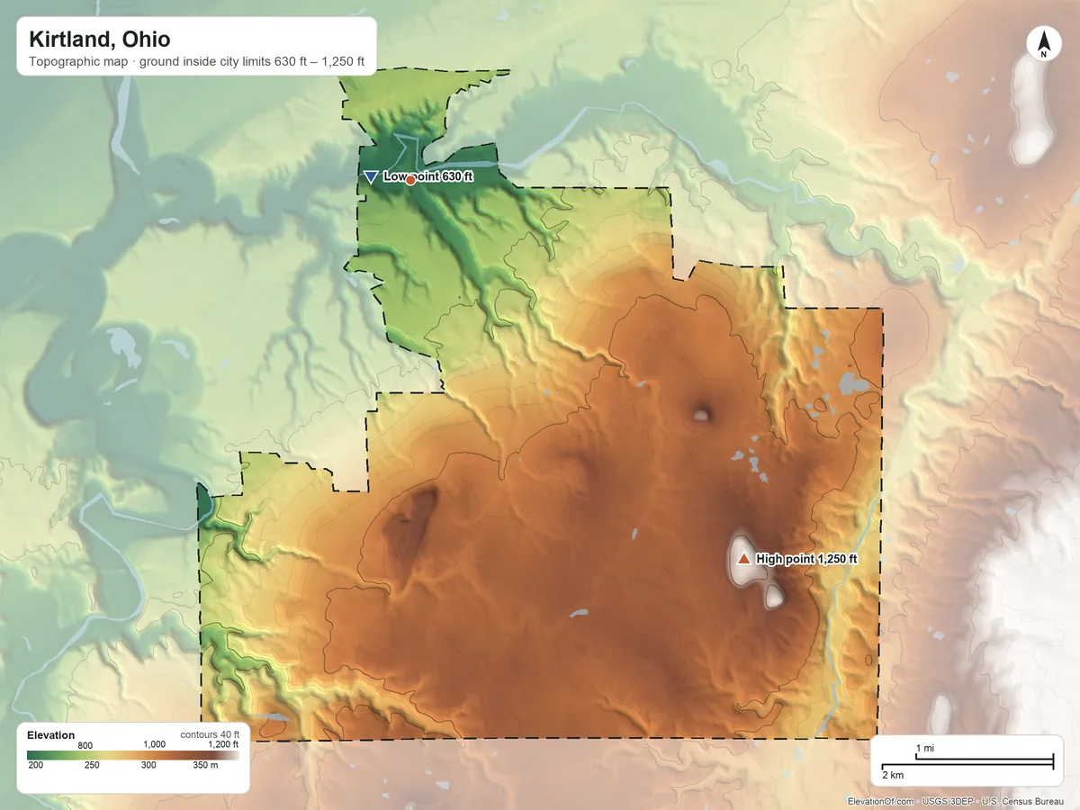 Topographic elevation map of Kirtland, Ohio, shaded from 630 ft near the middle to 1,250 ft on the southeast side