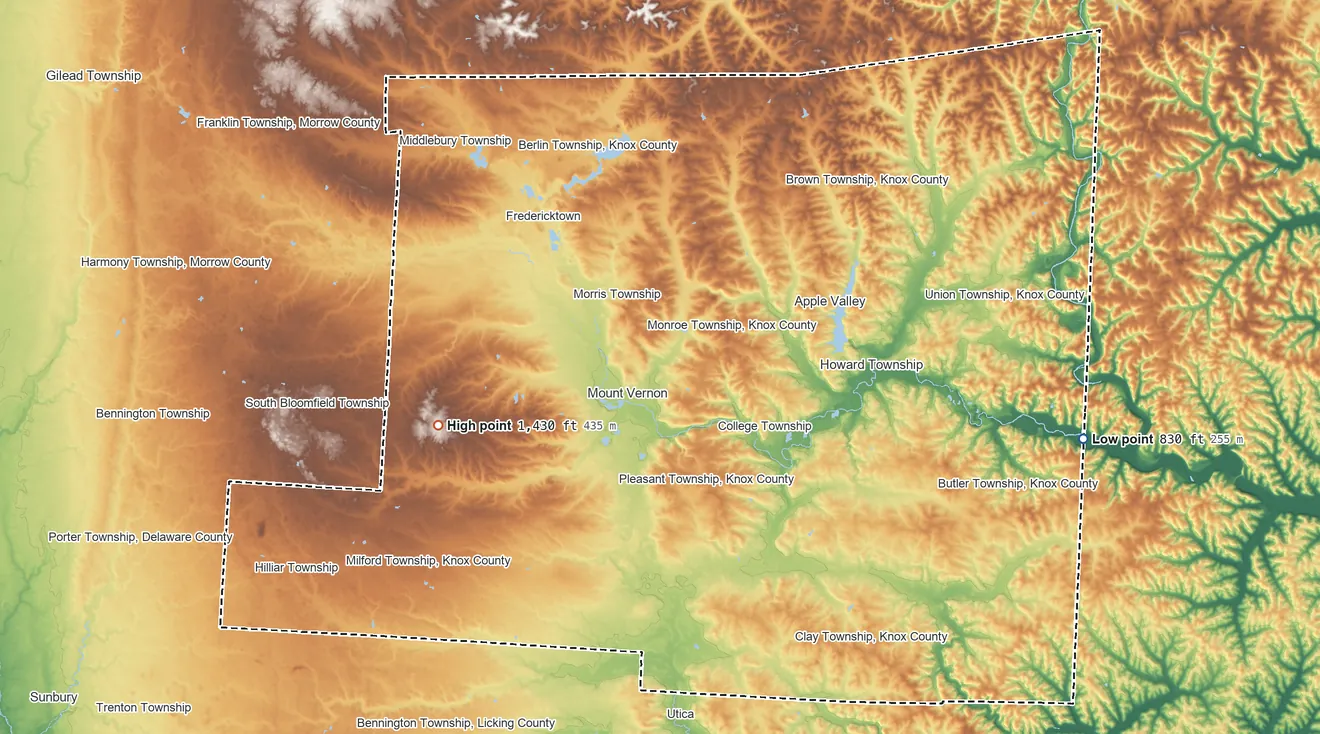 Topographic elevation map of Knox County, Ohio, shaded from 830 ft on the east side to 1,430 ft on the west side
