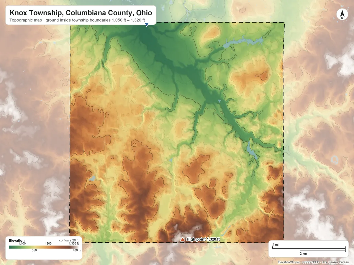 Topographic elevation map of Knox Township, Columbiana County, Ohio, shaded from 1,050 ft on the north side to 1,320 ft on the south side