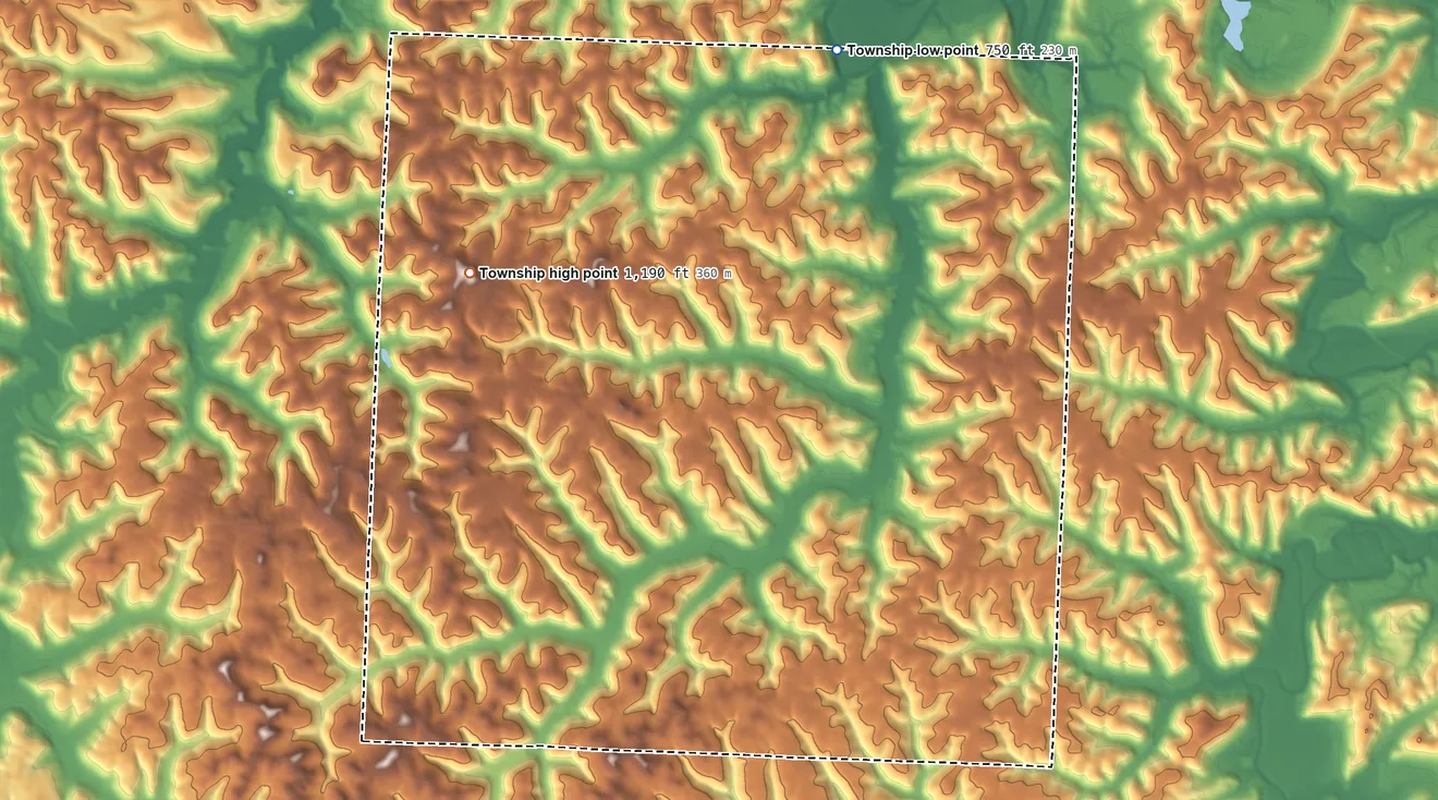 Topographic elevation map of Knox Township, Guernsey County, Ohio, shaded from 750 ft on the north side to 1,190 ft on the northwest side