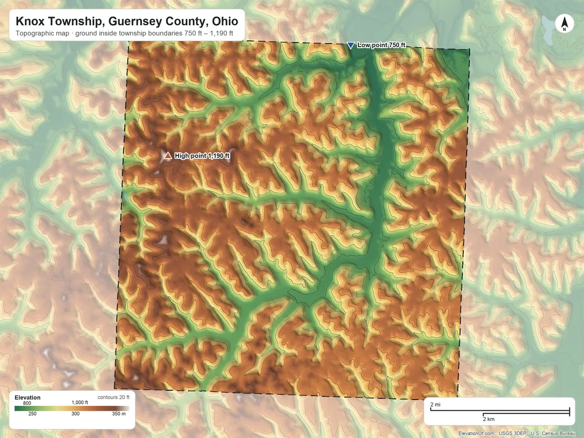 Topographic elevation map of Knox Township, Guernsey County, Ohio, shaded from 750 ft on the north side to 1,190 ft on the northwest side