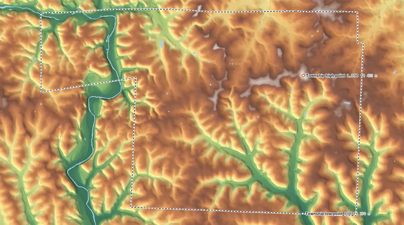Topographic elevation map of Knox Township, Holmes County, Ohio, shaded from 890 ft on the south side to 1,390 ft on the east side