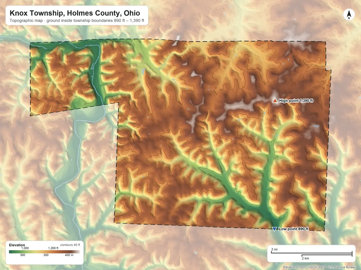Topographic elevation map of Knox Township, Holmes County, Ohio, shaded from 890 ft on the south side to 1,390 ft on the east side