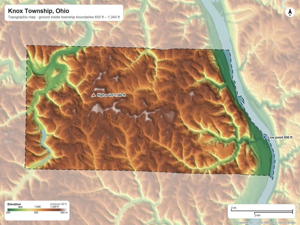 Topographic elevation map of Knox Township, Ohio, shaded from 650 ft on the east side to 1,340 ft on the northwest side