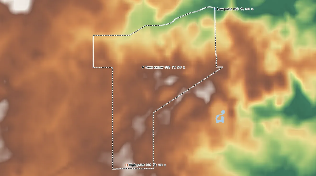 Topographic elevation map of Kunkle, Ohio, shaded from 850 ft on the northeast side to 890 ft on the south side