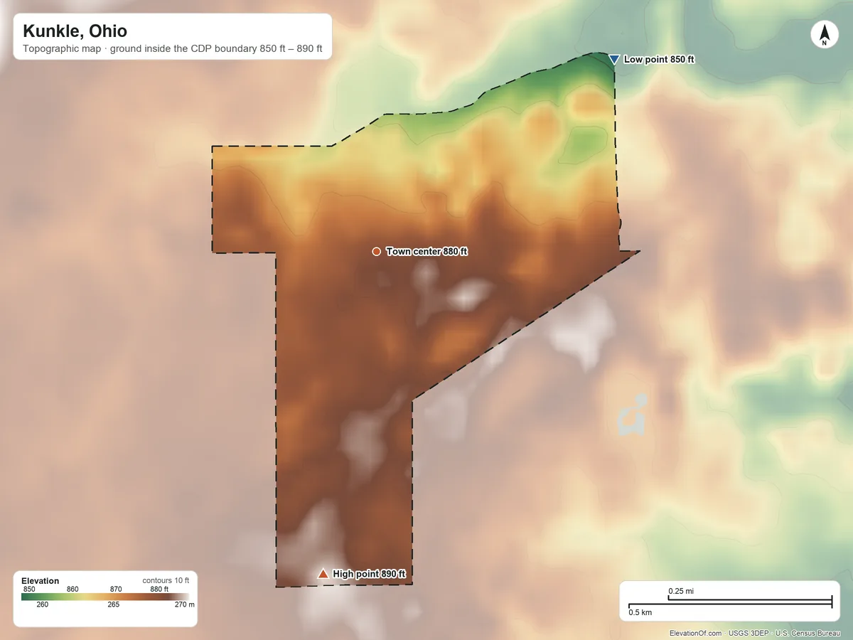 Topographic elevation map of Kunkle, Ohio, shaded from 850 ft on the northeast side to 890 ft on the south side