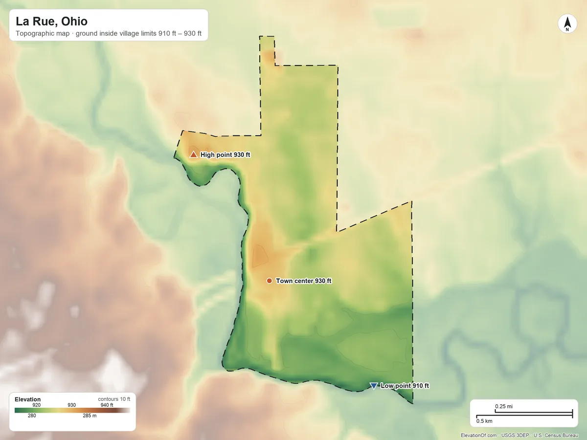 Topographic elevation map of La Rue, Ohio, shaded from 910 ft on the southeast side to 930 ft on the northwest side