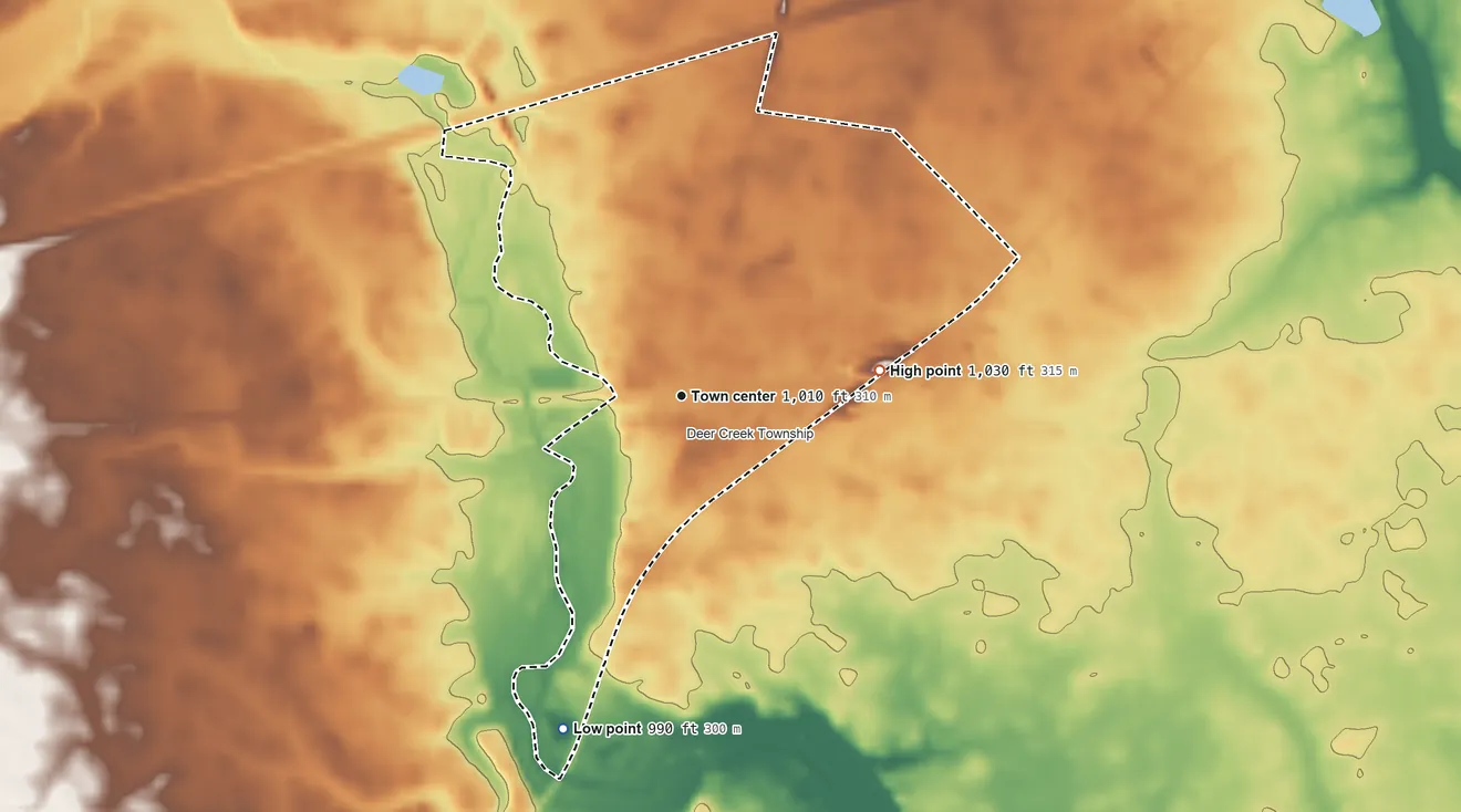 Topographic elevation map of Lafayette, Madison County, Ohio, shaded from 990 ft on the south side to 1,030 ft on the east side