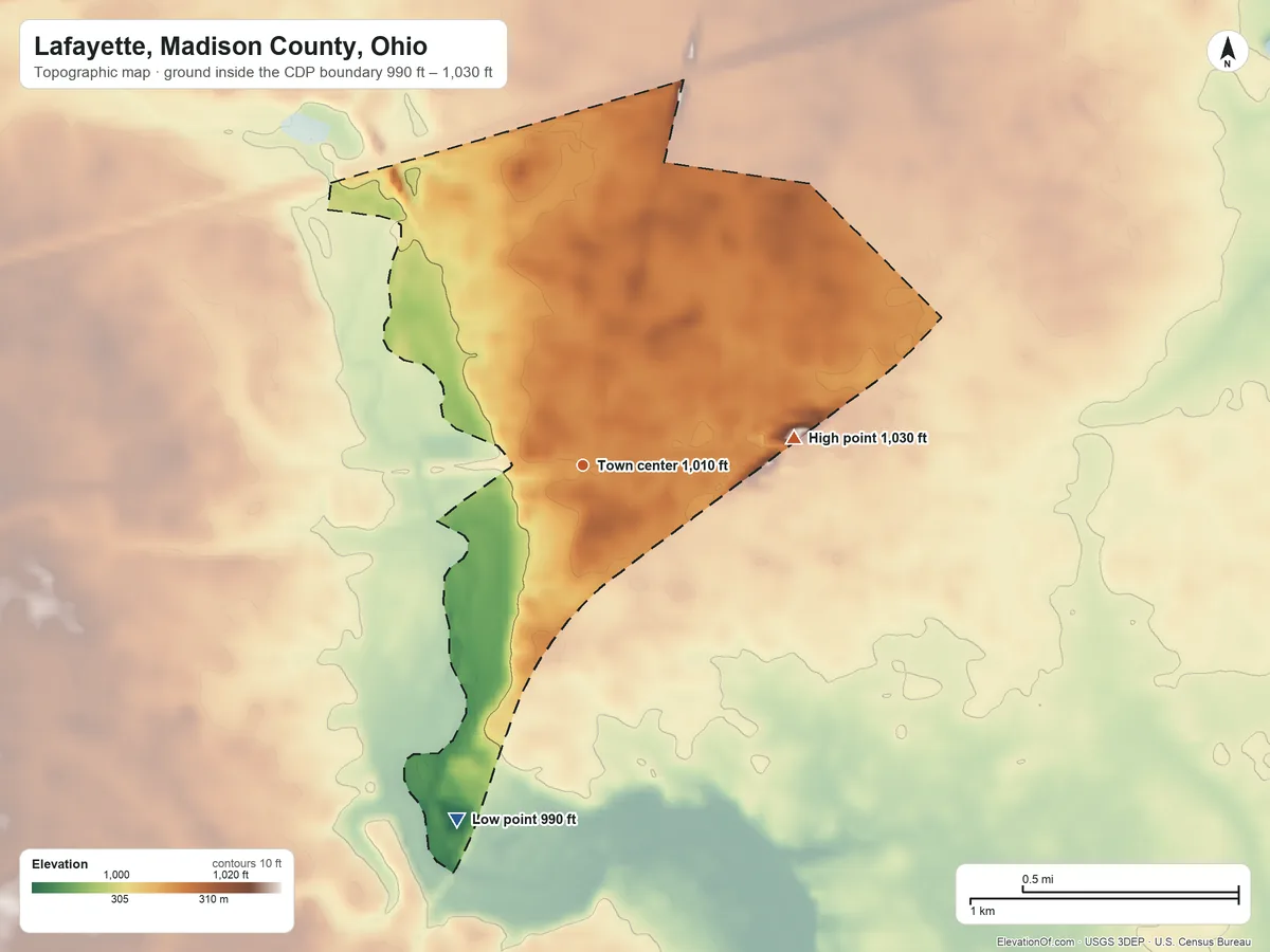 Topographic elevation map of Lafayette, Madison County, Ohio, shaded from 990 ft on the south side to 1,030 ft on the east side