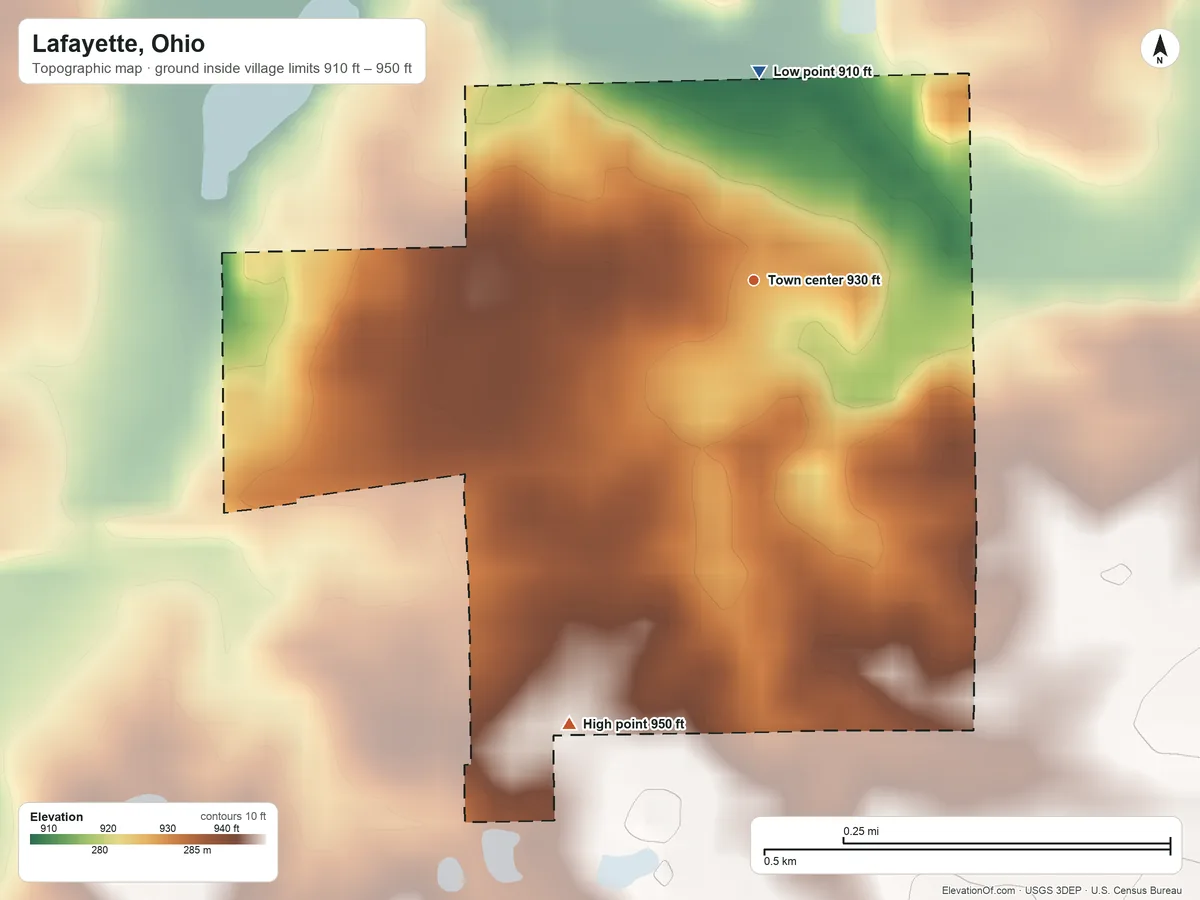 Topographic elevation map of Lafayette, Ohio, shaded from 910 ft on the north side to 950 ft on the southwest side