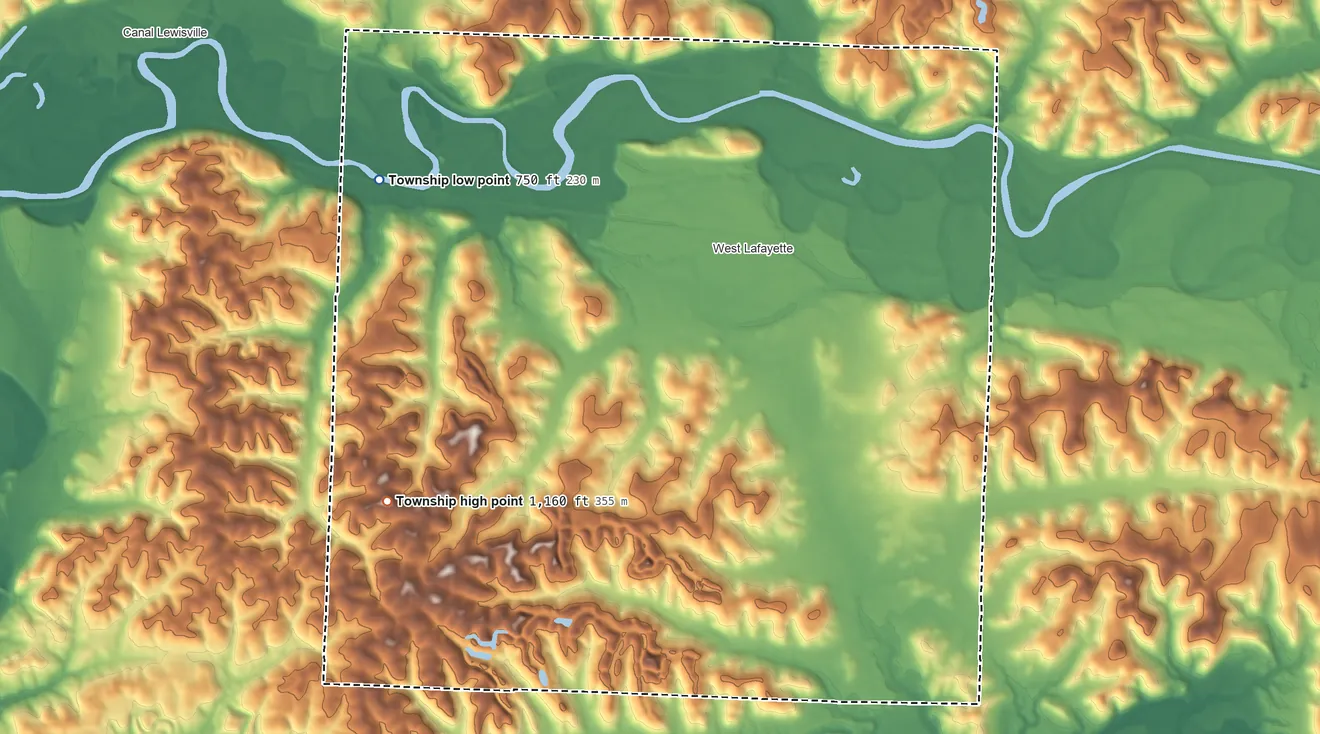 Topographic elevation map of Lafayette Township, Coshocton County, Ohio, shaded from 750 ft on the west side to 1,160 ft on the southwest side