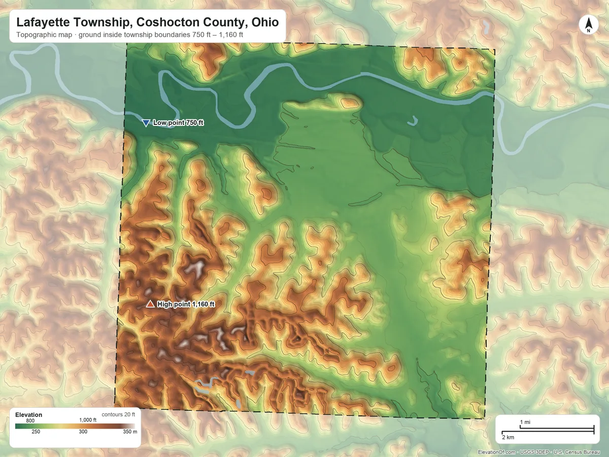 Topographic elevation map of Lafayette Township, Coshocton County, Ohio, shaded from 750 ft on the west side to 1,160 ft on the southwest side