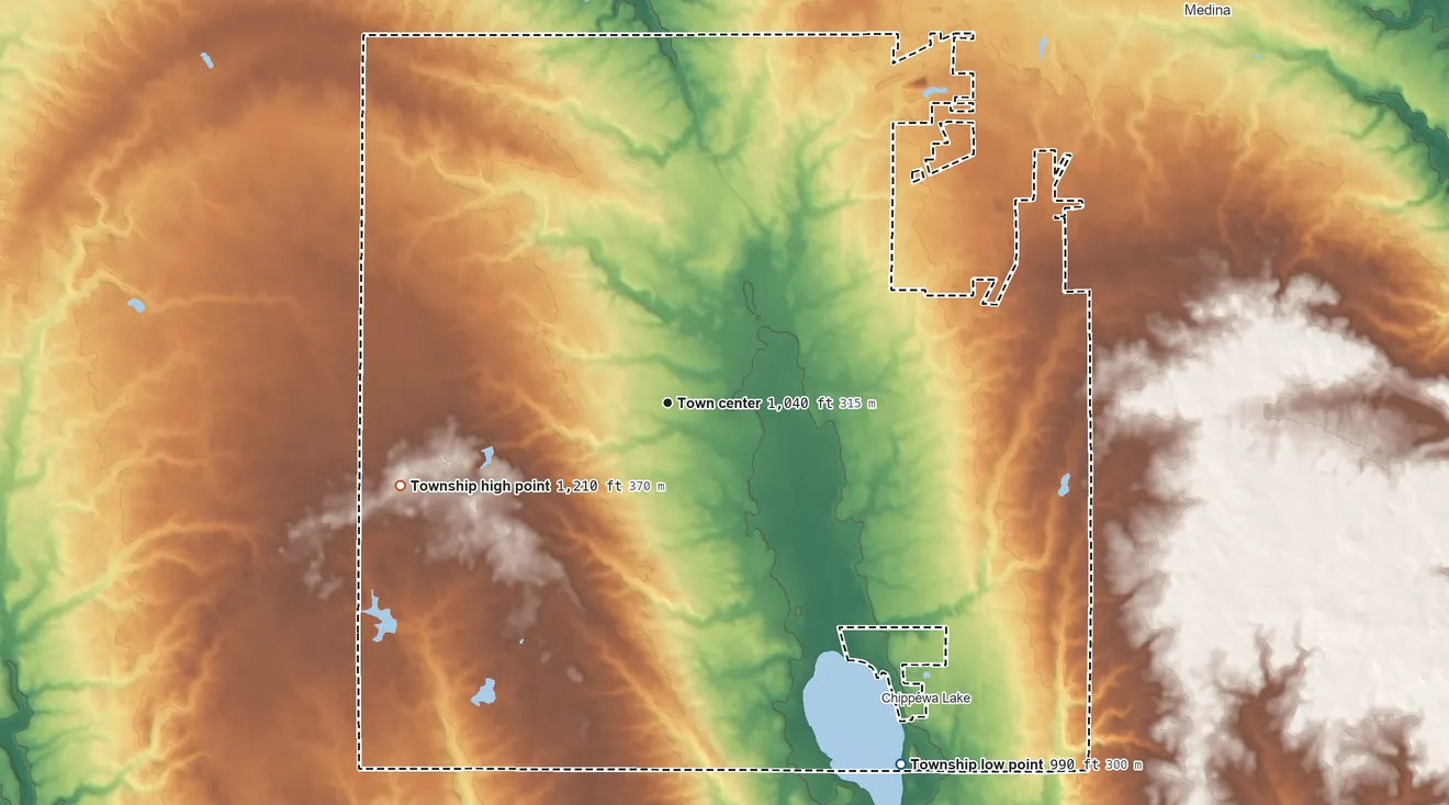 Topographic elevation map of Lafayette Township, Ohio, shaded from 990 ft on the southeast side to 1,210 ft on the west side
