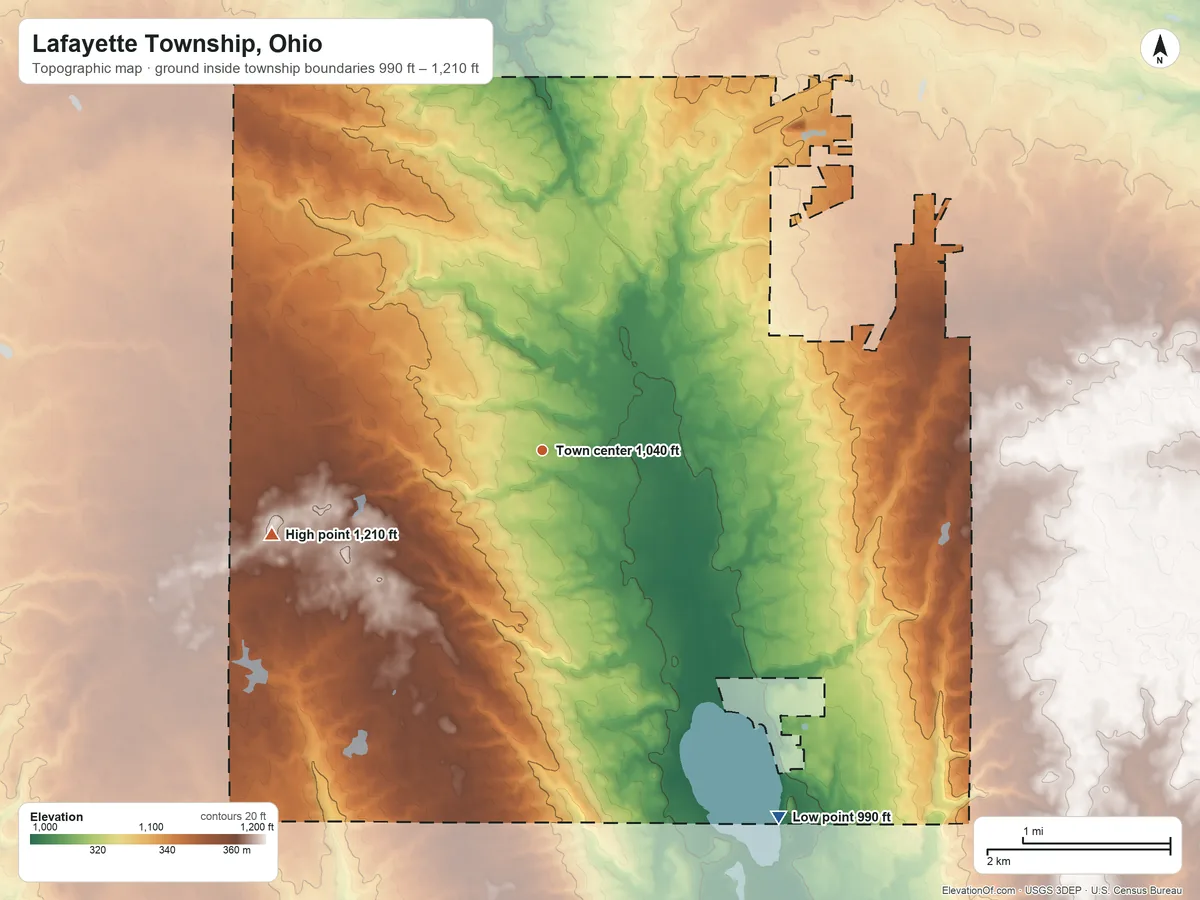 Topographic elevation map of Lafayette Township, Ohio, shaded from 990 ft on the southeast side to 1,210 ft on the west side