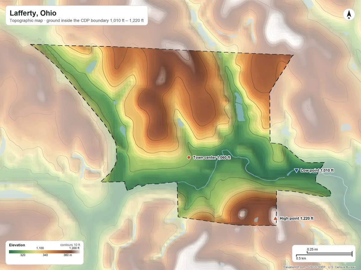 Topographic elevation map of Lafferty, Ohio, shaded from 1,010 ft on the east side to 1,220 ft on the southeast side
