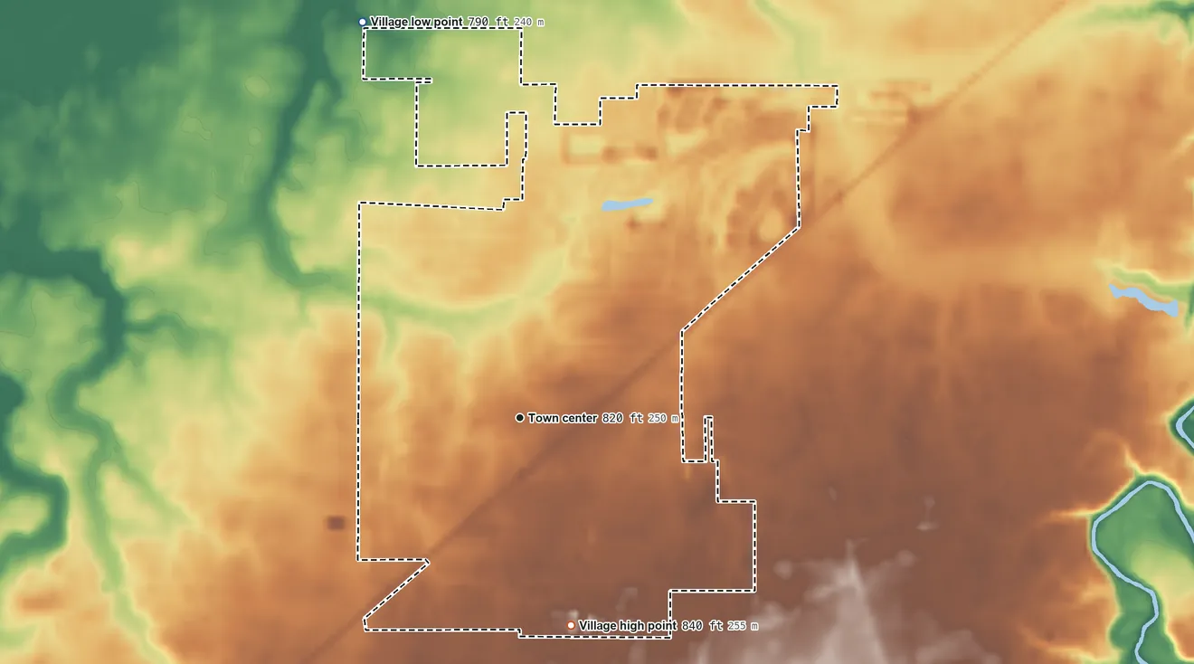Topographic elevation map of LaGrange, Ohio, shaded from 790 ft on the north side to 840 ft on the south side