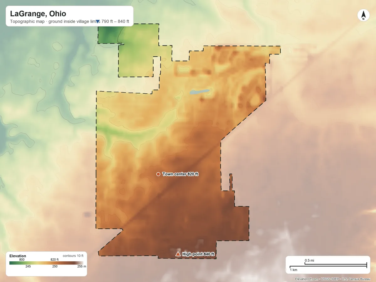 Topographic elevation map of LaGrange, Ohio, shaded from 790 ft on the north side to 840 ft on the south side
