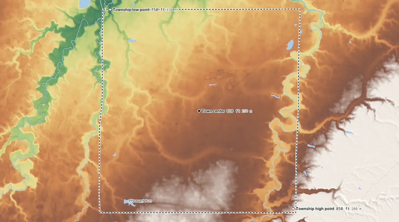 Topographic elevation map of LaGrange Township, Ohio, shaded from 750 ft on the northwest side to 850 ft on the southeast side