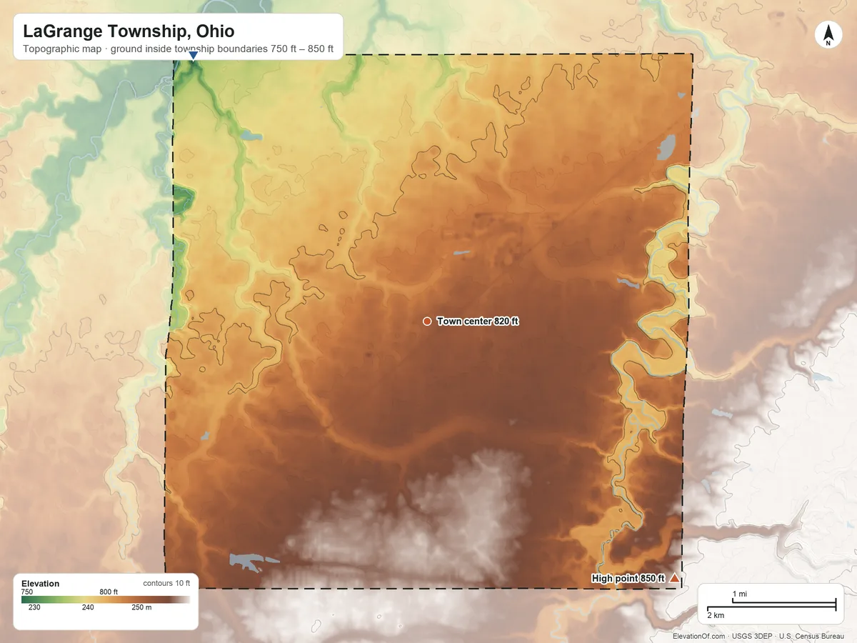 Topographic elevation map of LaGrange Township, Ohio, shaded from 750 ft on the northwest side to 850 ft on the southeast side