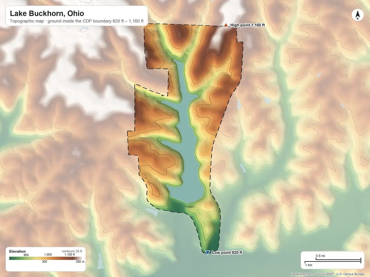 Topographic elevation map of Lake Buckhorn, Ohio, shaded from 820 ft on the south side to 1,160 ft on the north side