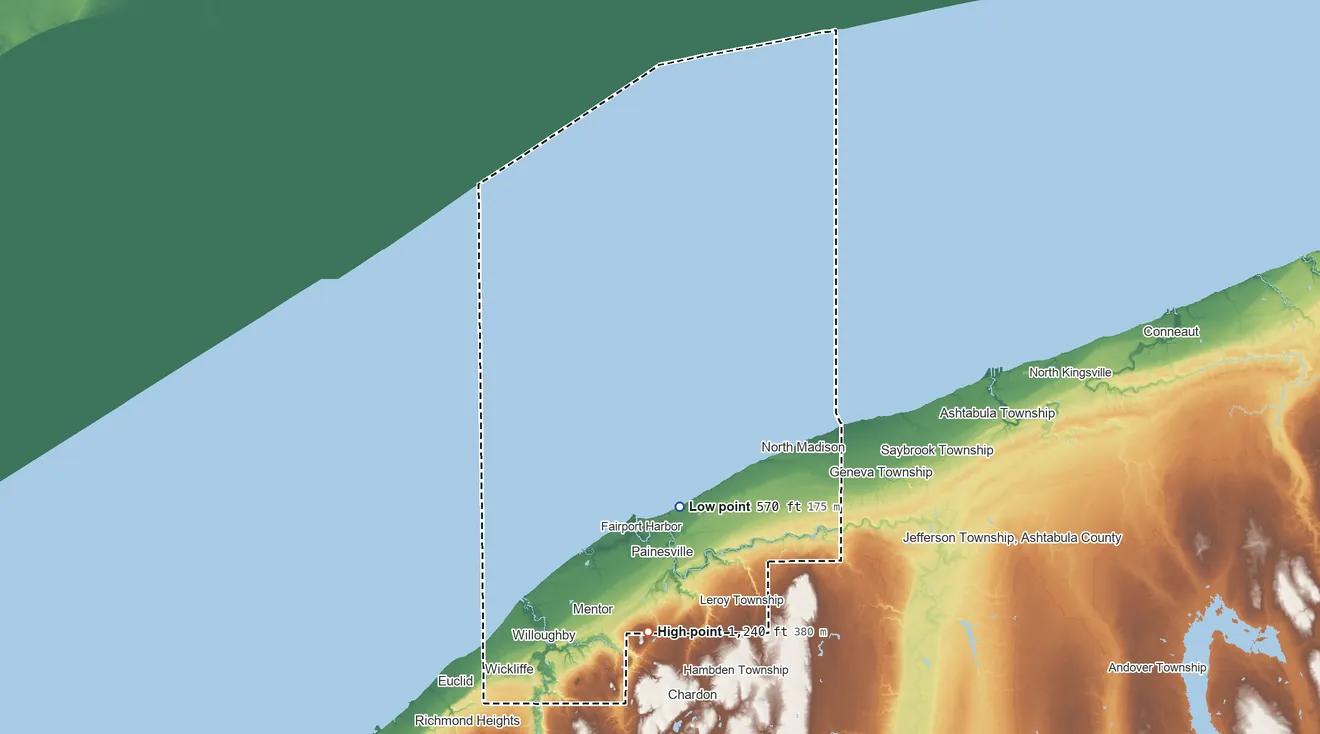 Topographic elevation map of Lake County, Ohio, shaded from 570 ft on the south side to 1,240 ft on The Knob