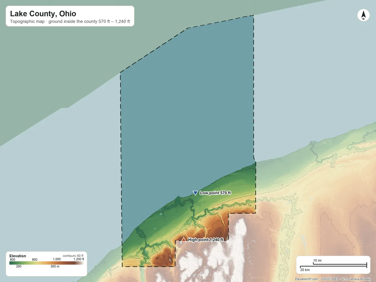 Topographic elevation map of Lake County, Ohio, shaded from 570 ft on the south side to 1,240 ft on The Knob