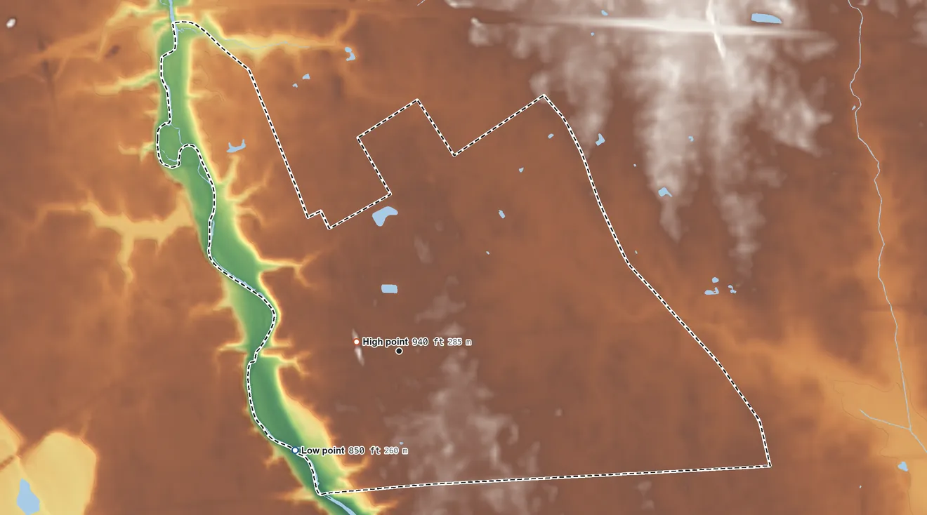 Topographic elevation map of Lake Darby, Ohio, shaded from 850 ft on the southwest side to 940 ft near the middle