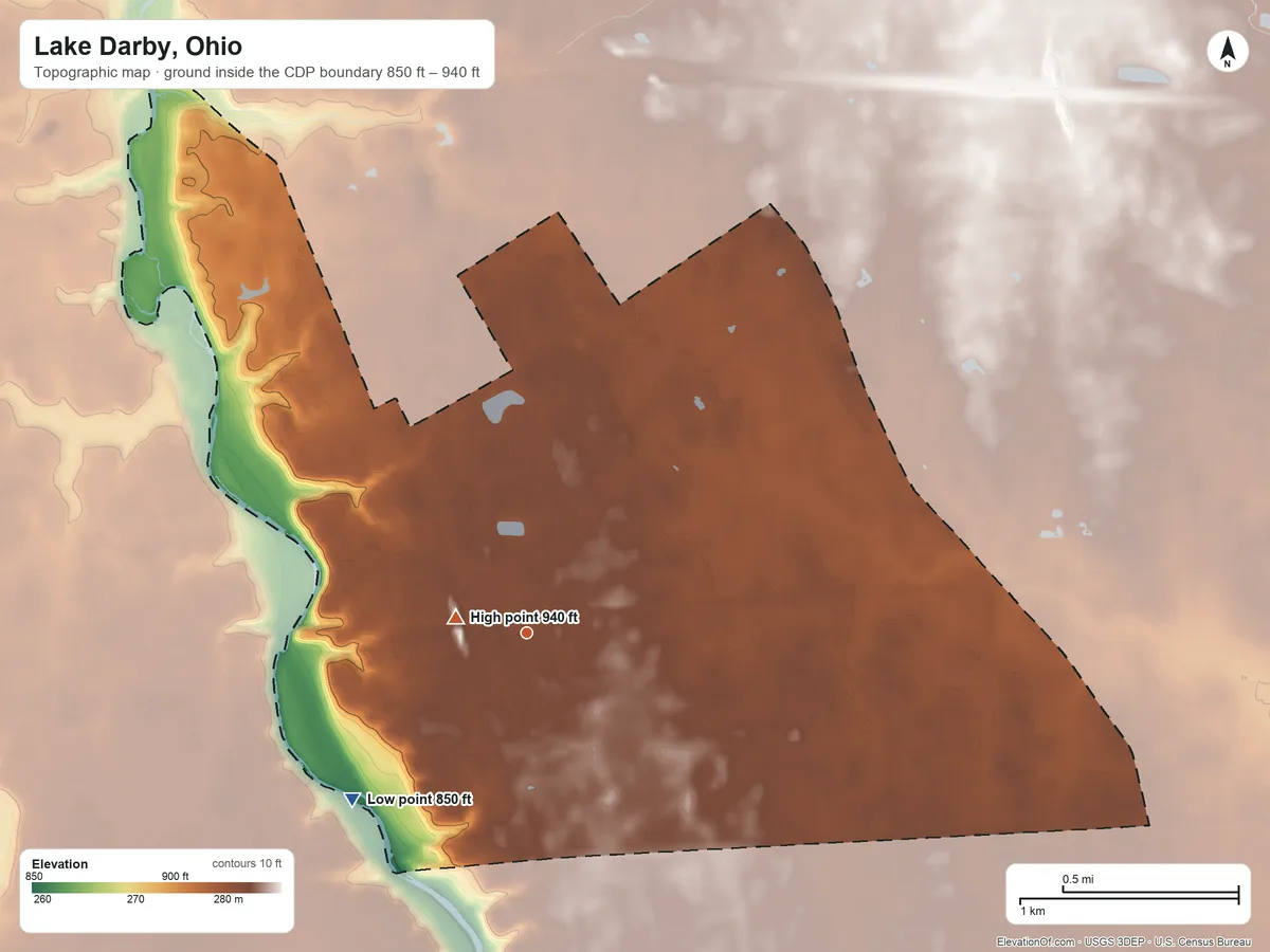 Topographic elevation map of Lake Darby, Ohio, shaded from 850 ft on the southwest side to 940 ft near the middle