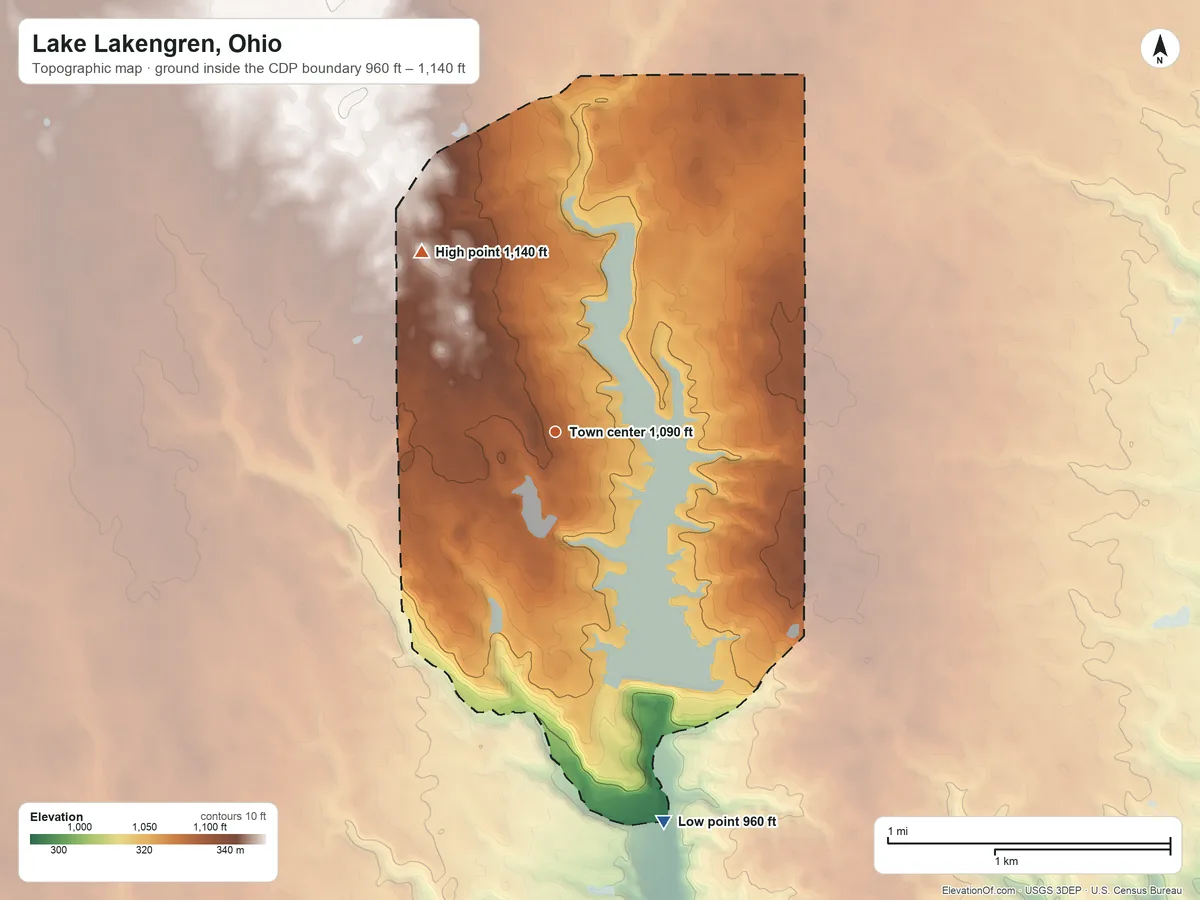 Topographic elevation map of Lake Lakengren, Ohio, shaded from 960 ft on the south side to 1,140 ft on the northwest side