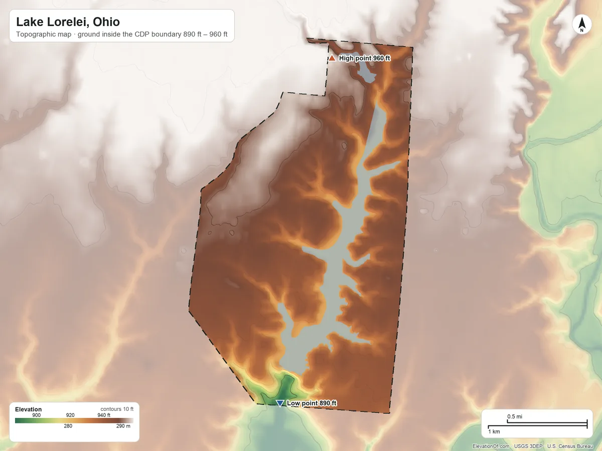Topographic elevation map of Lake Lorelei, Ohio, shaded from 890 ft on the south side to 960 ft on the north side