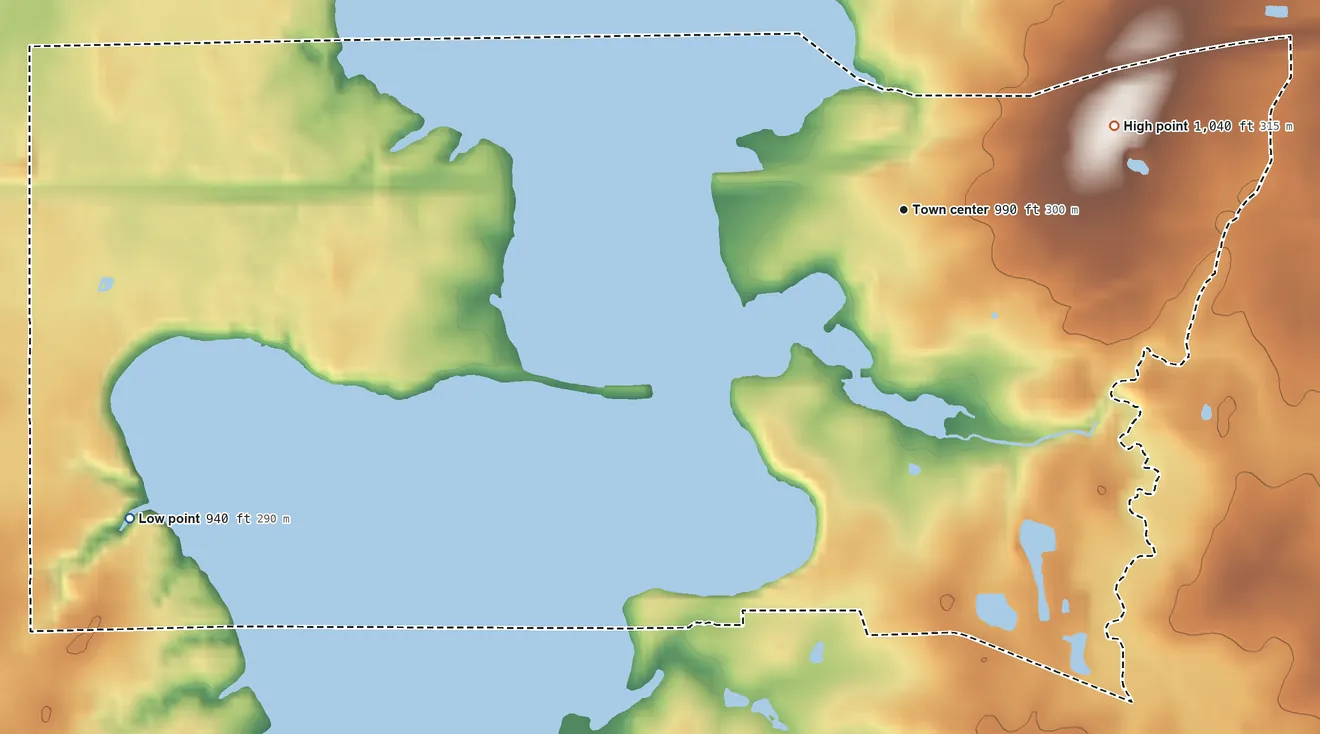 Topographic elevation map of Lake Milton, Ohio, shaded from 940 ft on the west side to 1,040 ft on the east side