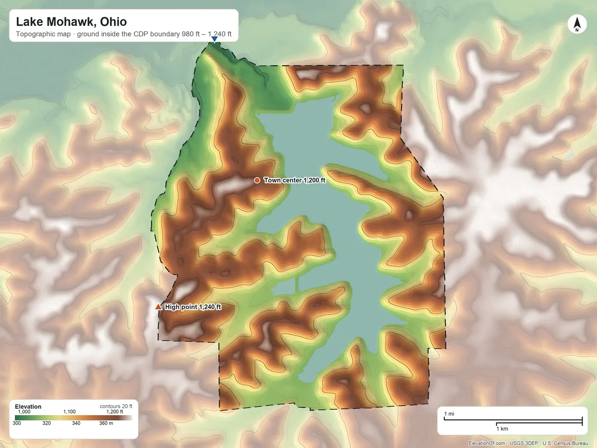 Topographic elevation map of Lake Mohawk, Ohio, shaded from 980 ft on the north side to 1,240 ft on the southwest side