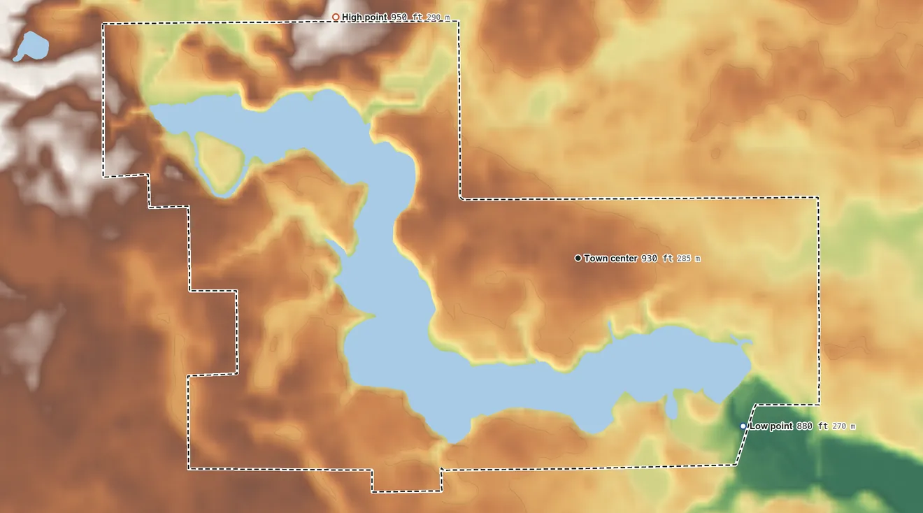 Topographic elevation map of Lake Seneca, Ohio, shaded from 880 ft on the southeast side to 950 ft on the northwest side