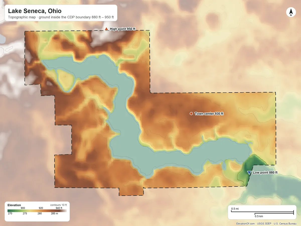 Topographic elevation map of Lake Seneca, Ohio, shaded from 880 ft on the southeast side to 950 ft on the northwest side