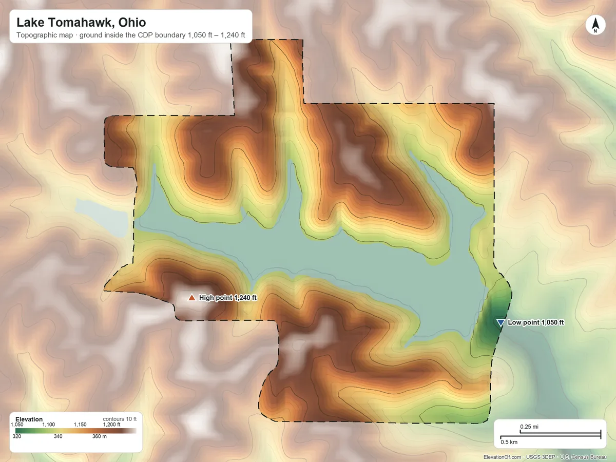 Topographic elevation map of Lake Tomahawk, Ohio, shaded from 1,050 ft on the southeast side to 1,240 ft on the southwest side