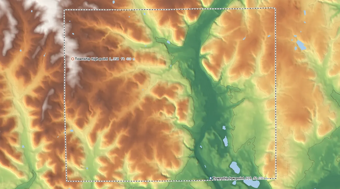 Topographic elevation map of Lake Township, Ashland County, Ohio, shaded from 920 ft on the southeast side to 1,350 ft on the west side
