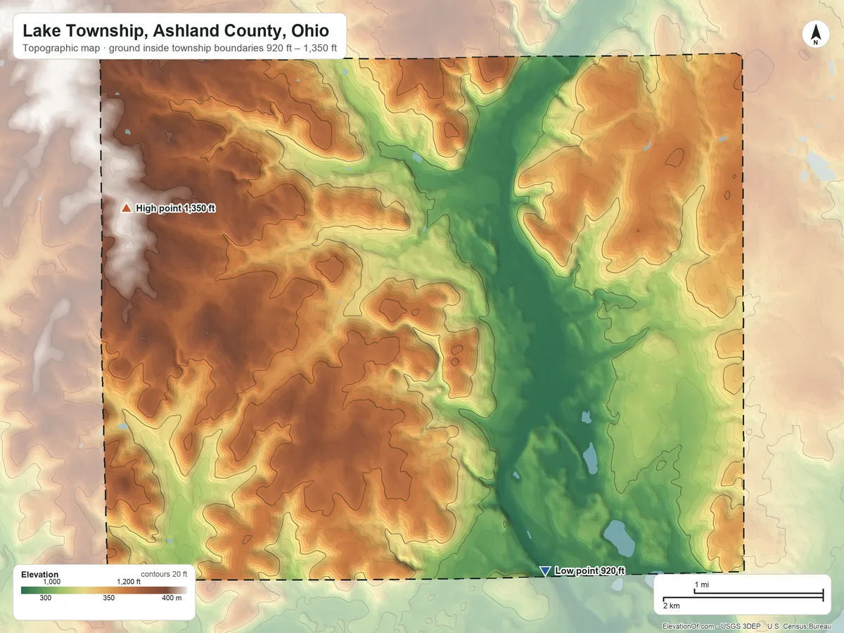 Topographic elevation map of Lake Township, Ashland County, Ohio, shaded from 920 ft on the southeast side to 1,350 ft on the west side