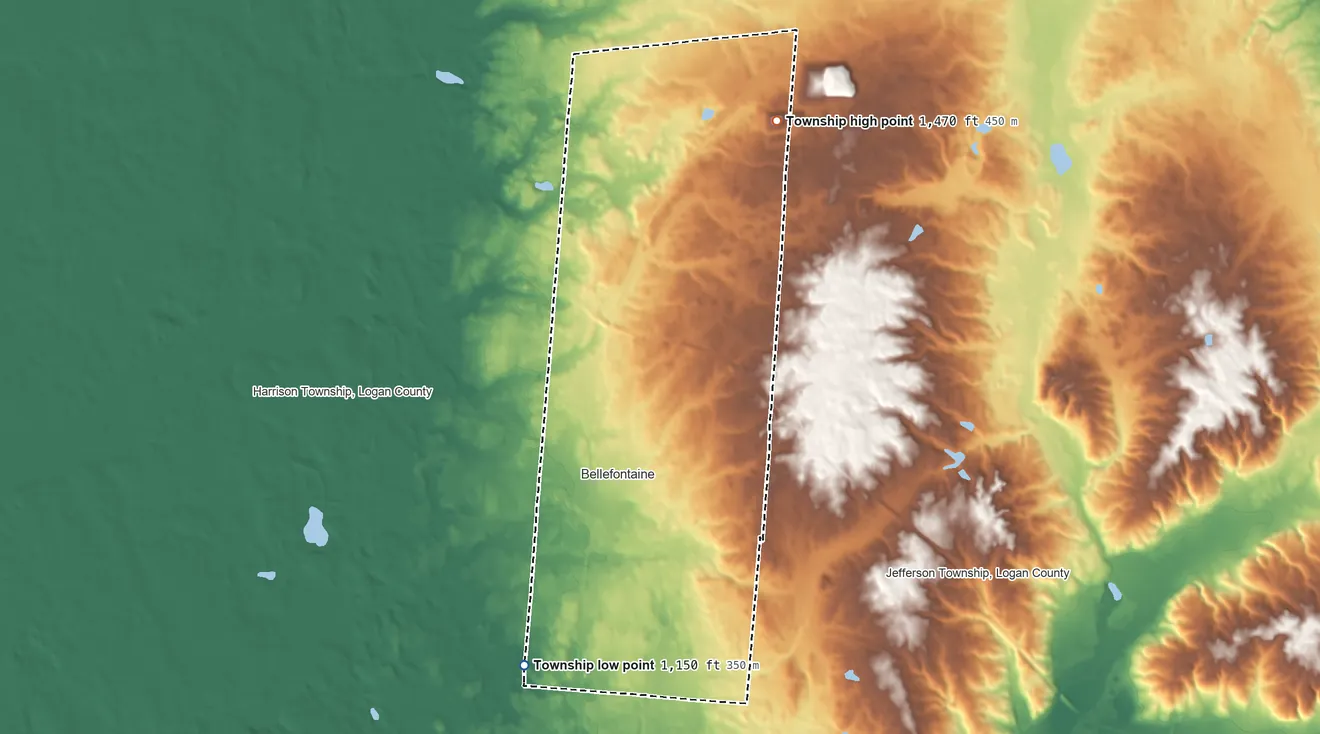 Topographic elevation map of Lake Township, Logan County, Ohio, shaded from 1,150 ft on the southwest side to 1,470 ft on the north side