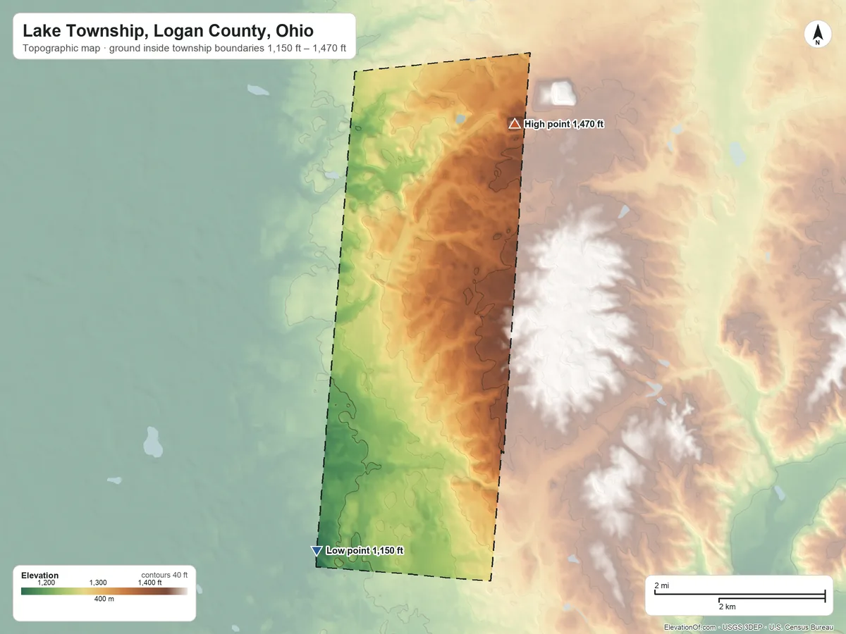 Topographic elevation map of Lake Township, Logan County, Ohio, shaded from 1,150 ft on the southwest side to 1,470 ft on the north side