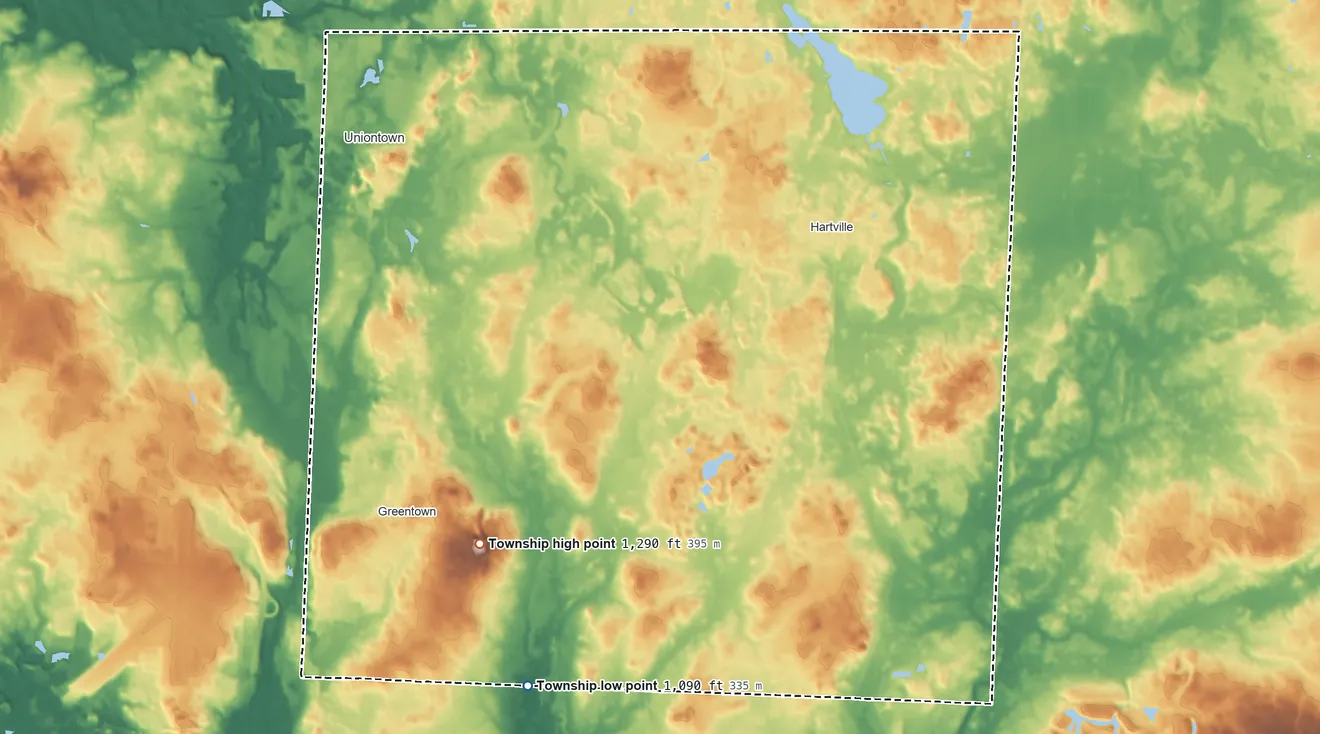 Topographic elevation map of Lake Township, Ohio, shaded from 1,090 ft on the south side to 1,290 ft on the south side