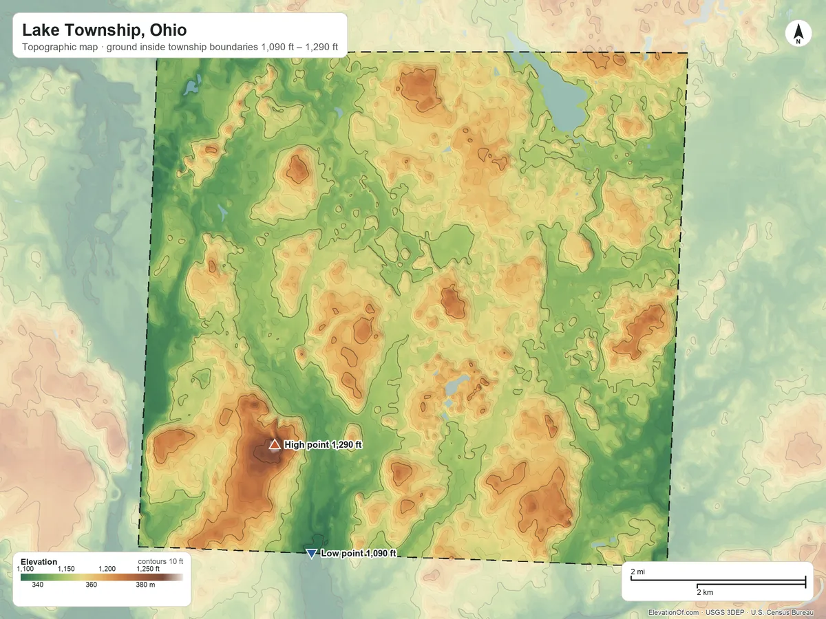 Topographic elevation map of Lake Township, Ohio, shaded from 1,090 ft on the south side to 1,290 ft on the south side
