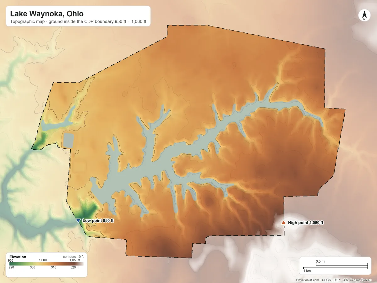 Topographic elevation map of Lake Waynoka, Ohio, shaded from 950 ft on the southwest side to 1,060 ft on the southeast side